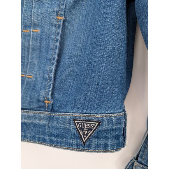 VTG Y2K Guess Jeans Pleated Snap Front Logo Crop Denim Trucker Western Jacket M - Picture 4 of 10